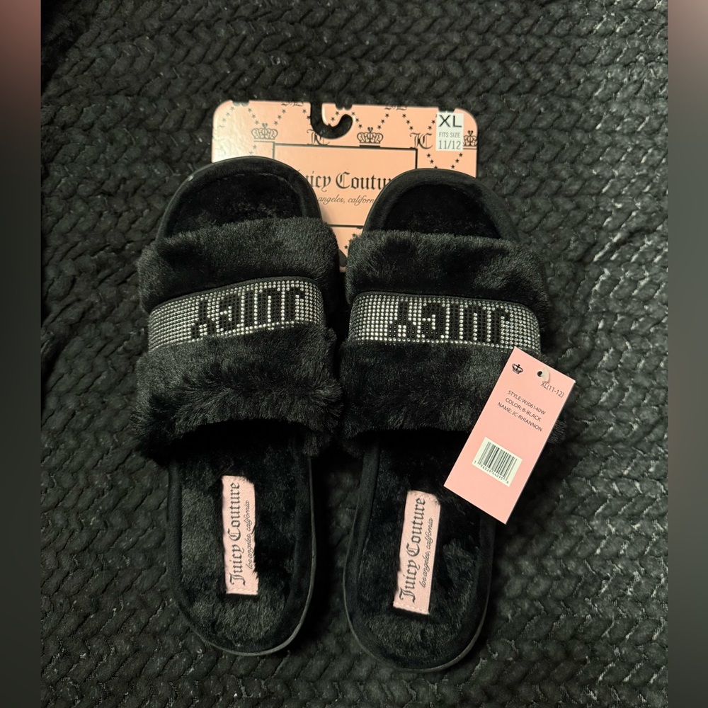 Juicy Couture Black Rhinestone Fur Slippers